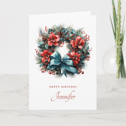 Watercolor Wreath with Holly Birthday Card