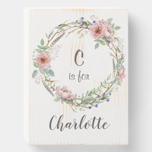Watercolor Wreath with Pink Flowers and Feathers Wooden Box Sign