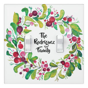 Watercolor Wreath with Red Berries & Name Light Switch Cover