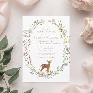 Watercolor Wreath Woodland Deer Baby Shower Invitation