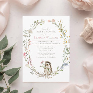 Watercolor Wreath Woodland Hedgehog Baby Shower Invitation