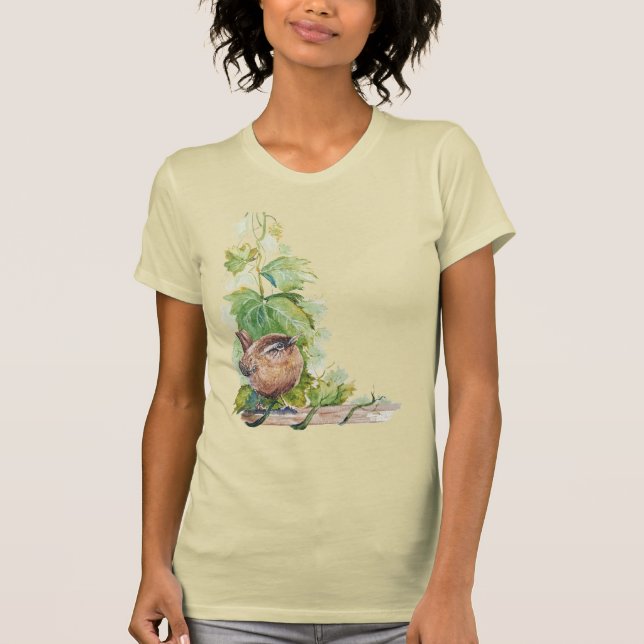 Watercolor Wren Bird Vineyard Grapes Leaves Winery T-Shirt (Front)