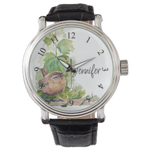 Watercolor Wren Bird Vineyard Grapes Leaves Winery Watch