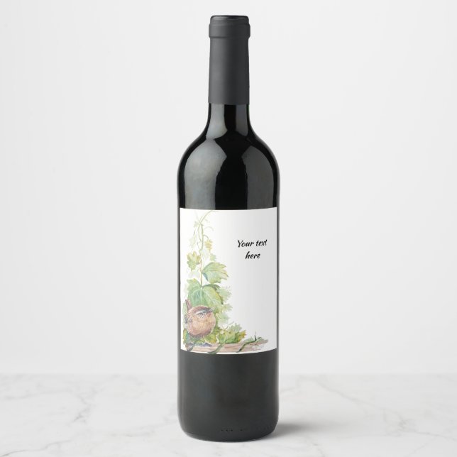 Watercolor Wren Bird Vineyard Grapes Leaves Winery Wine Label (Front)