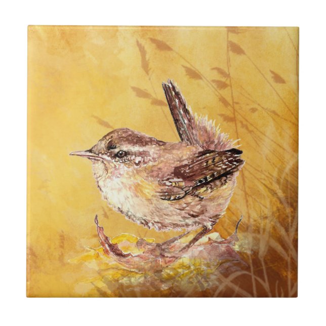 Watercolor Wren Bird Wildlife Art Ceramic Tile (Front)