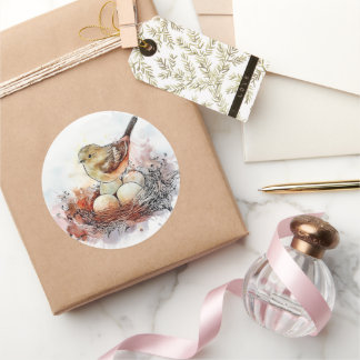 Watercolor Wren Nest Classic Round Sticker