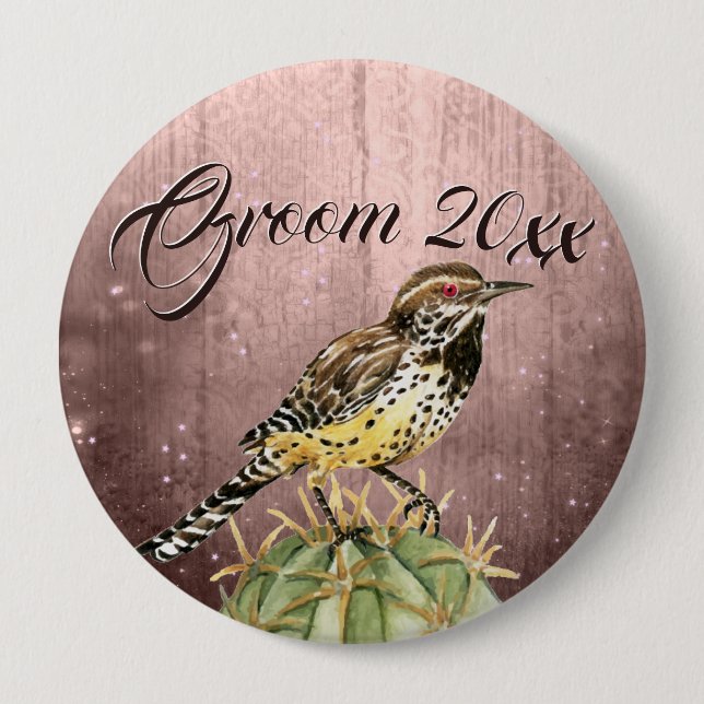 Watercolor Wren on Cactus Wedding Button (Front)