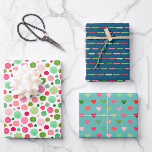 Watercolor Xmas Color Confetti Dots Stripe Heart Wrapping Paper Sheets