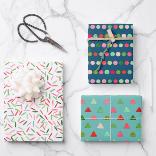 Watercolor Xmas Confetti Stripes Triangles Dots Wrapping Paper Sheets