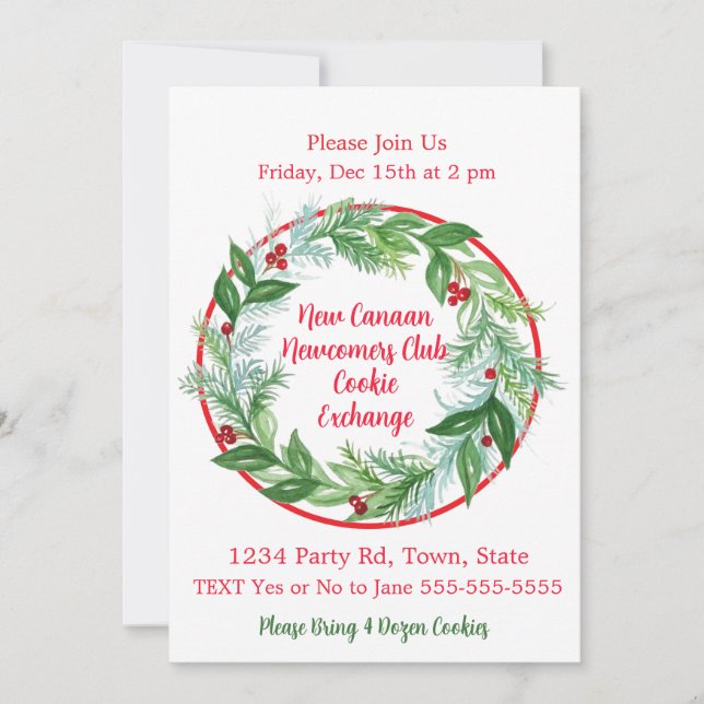 Watercolor Xmas Holiday Wreath Cookie Swap Invitation (Front)