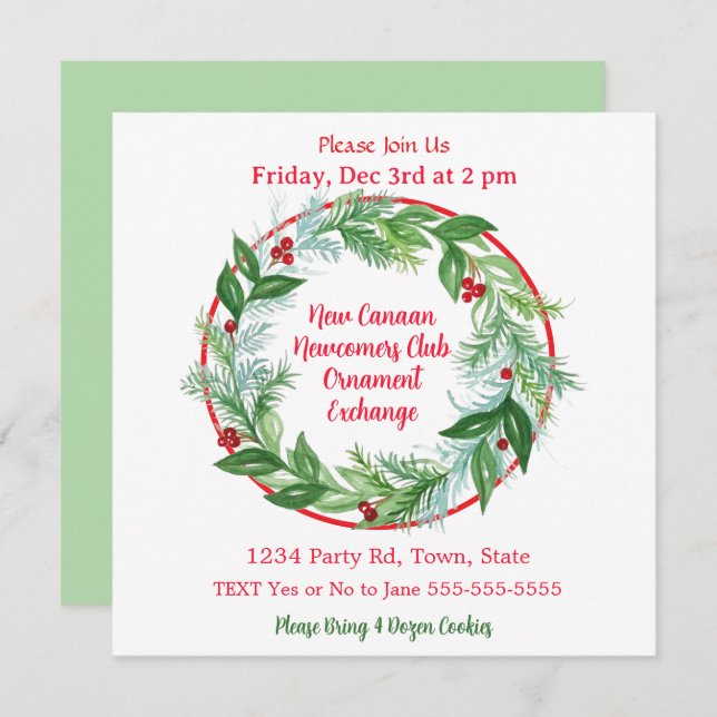 Watercolor Xmas Ornament Exchange Party Invitation (Front/Back)