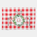Watercolor Xmas Wreath MONOGRAM Red Check  Kitchen Towel