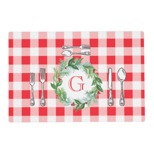 Watercolor Xmas Wreath MONOGRAM Red Check Laminate Placemat