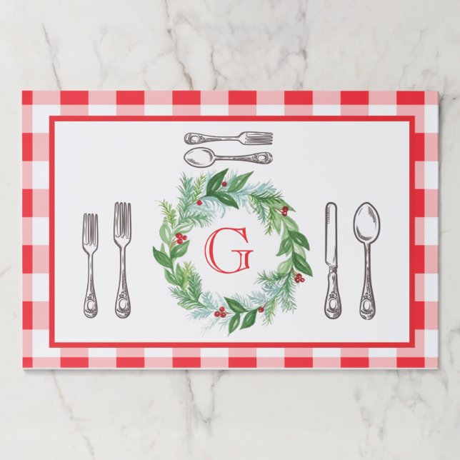 Watercolor Xmas Wreath MONOGRAM Red Check Placemat (Front)