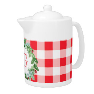 Watercolor Xmas Wreath MONOGRAM Red Check Teapot