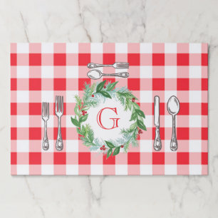 Watercolor Xmas Wreath MONOGRM Red Check Placemat