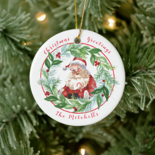 Watercolor Xmas Wreath Vintage Santa FAMILY PHOTO Ceramic Ornament