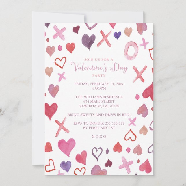 Watercolor XOXO Valentine's Day Party Invitations (Front)