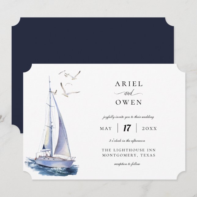 Watercolor Yacht Nautical Theme Wedding Invitation (Front/Back)