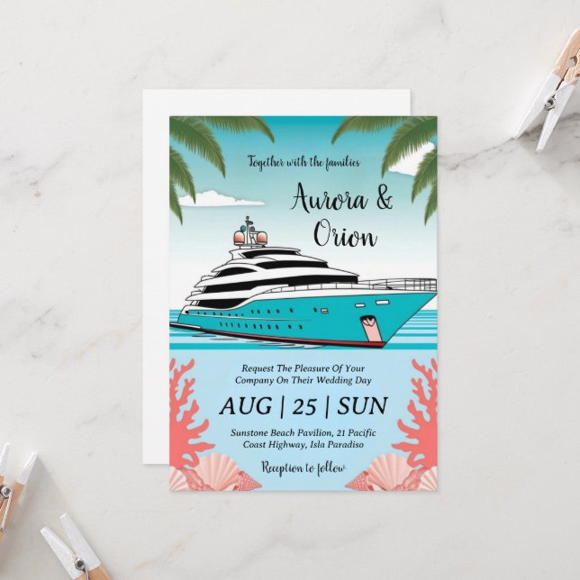 watercolor yacht wedding invitations (Front/Back In Situ)