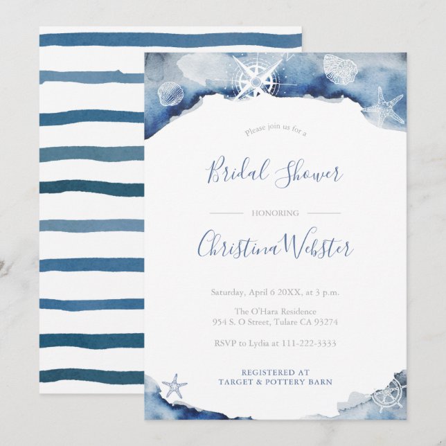 Watercolor Yachting Indigo Gray Bridal Shower Invitation (Front/Back)
