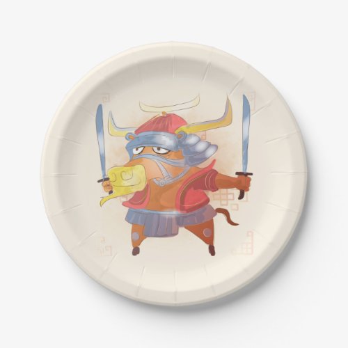 Watercolor Year of the Ox Samurai Paper Plates