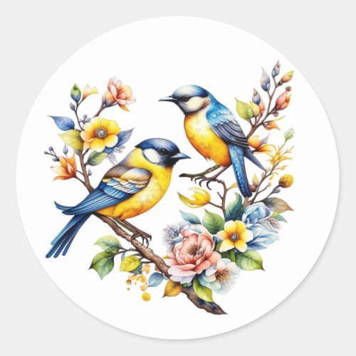 Watercolor Yellow and Blue Birds and Flowers Classic Round Sticker