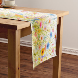Watercolor Yellow and Blue Wildflower Floral Short Table Runner