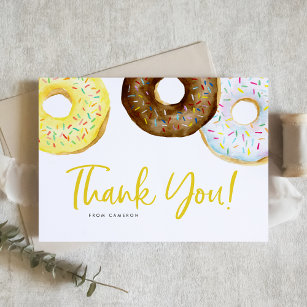 Watercolor Yellow and Chocolate Donuts Birthday Thank You Card