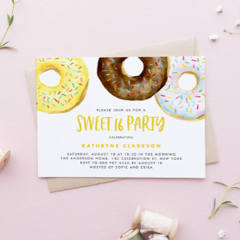 Watercolor Yellow And Chocolate Donuts Sweet 16 Invitation by misstallulah at Zazzle