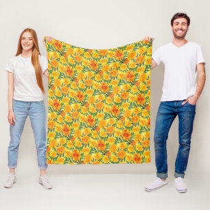 Watercolor Yellow and Orange Marigold Type Flowers Fleece Blanket