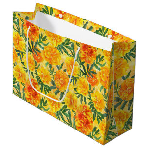 Watercolor Yellow and Orange Marigold Type Flowers Large Gift Bag