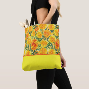 Watercolor Yellow and Orange Marigolds, Color Bloc Tote Bag