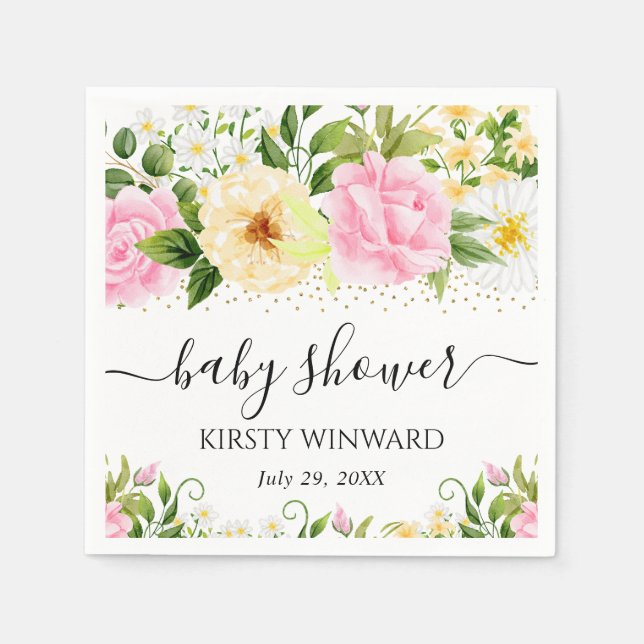Watercolor Yellow and Pink Flowers Baby Shower Napkins (Front)