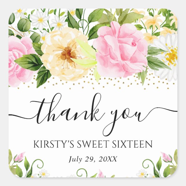 Watercolor Yellow and Pink Flowers Sweet Sixteen Square Sticker (Front)