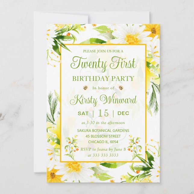 Watercolor Yellow and White Daisies 21st Birthday Invitation (Front)
