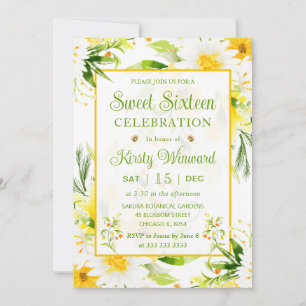 Watercolor Yellow and White Daisies Sweet Sixteen Invitation