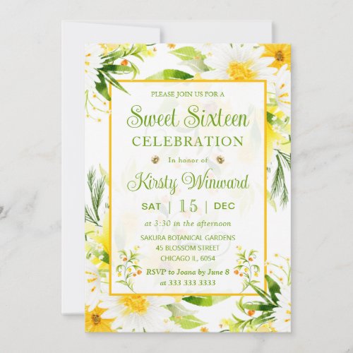 Watercolor Yellow and White Daisies Sweet Sixteen Invitation