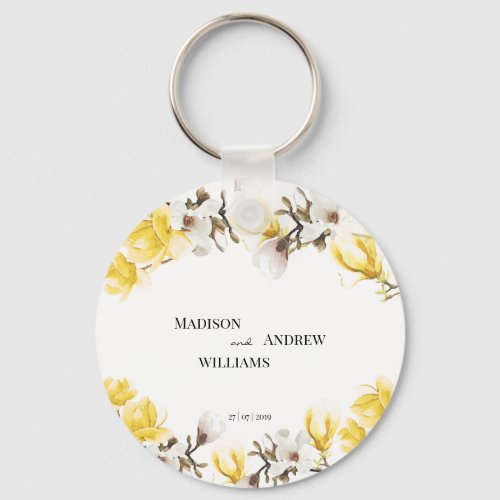 Watercolor Yellow and White Magnolia Blossom Keychain