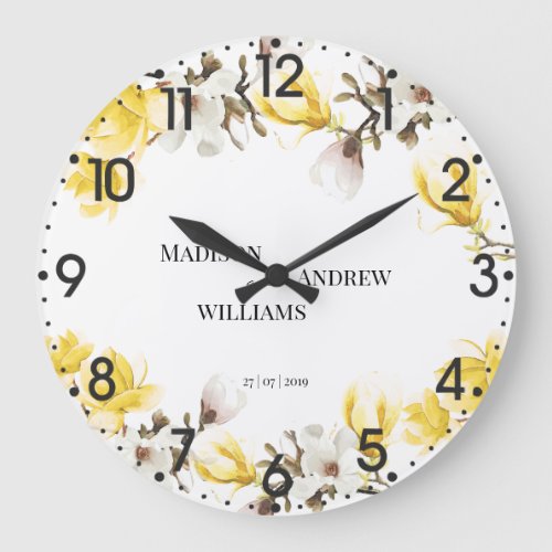 Watercolor Yellow and White Magnolia Blossom Large Clock