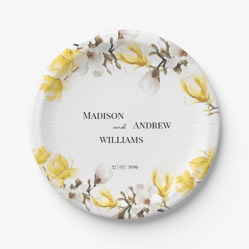 Watercolor Yellow and White Magnolia Blossom Paper Plates