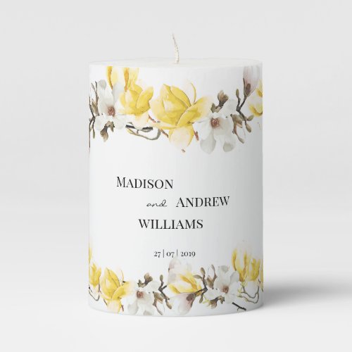 Watercolor Yellow and White Magnolia Blossom Pillar Candle