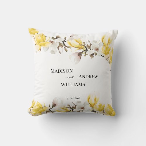 Watercolor Yellow and White Magnolia Blossom Throw Pillow