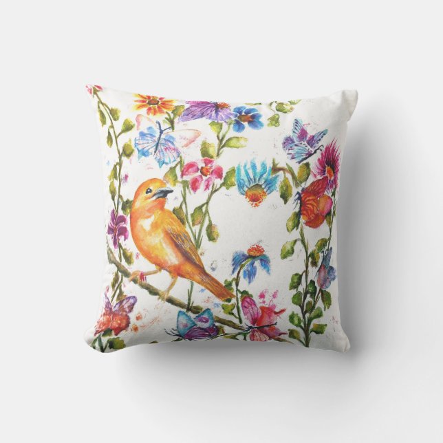 Watercolor Yellow Bird Throw Pillow (Front)