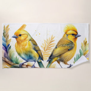 Watercolor Yellow Birds Beach Towel