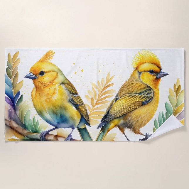 Watercolor Yellow Birds Beach Towel (Front)
