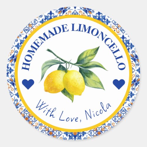 Watercolor Yellow  Blue Homemade Limoncello Classic Round Sticker