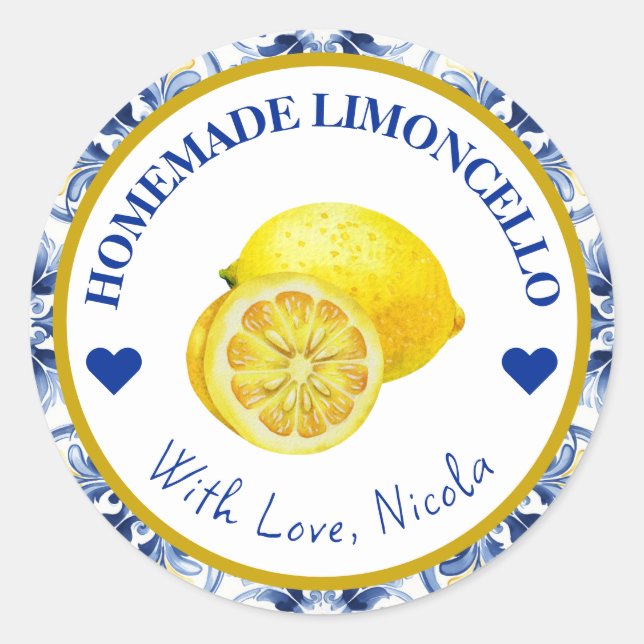 Watercolor Yellow & Blue Homemade Limoncello Classic Round Sticker (Front)