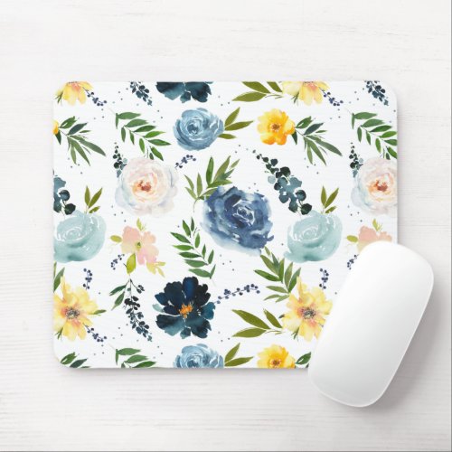 Watercolor Yellow Blue Roses Seamless Pattern Mouse Pad