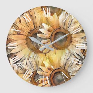 Watercolor Yellow Bouquet Sunflowers Collection Large Clock